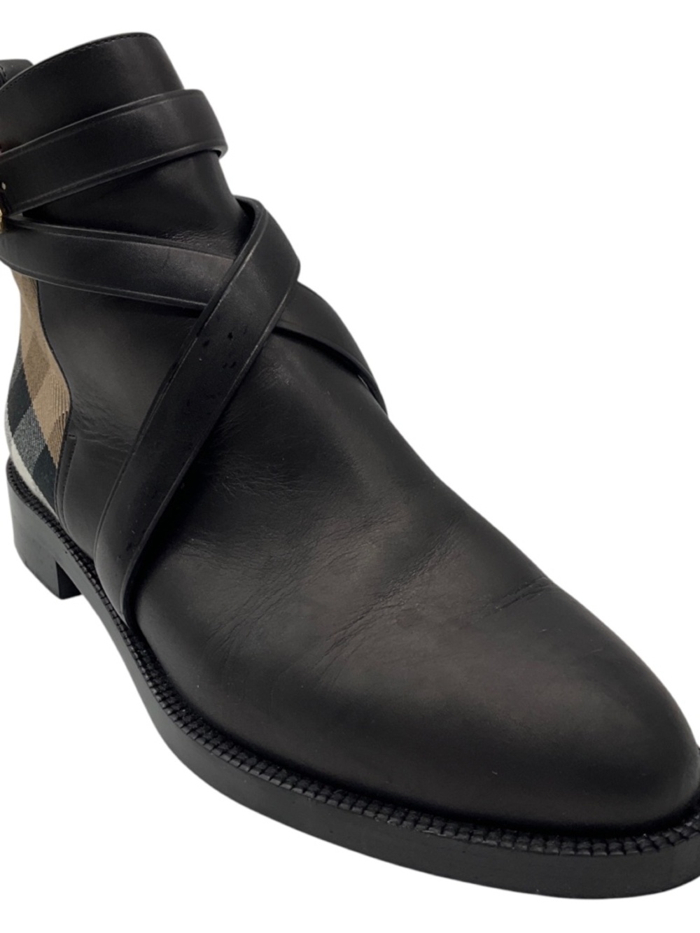 BURBERRY BLACK / ARCHIVE BEIGE CHECK AND LEATHER FLAT ANKLE BOOT